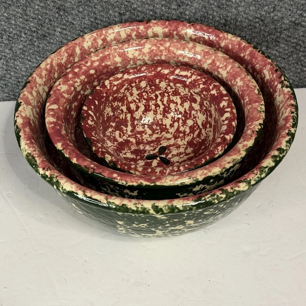 Set Of 3 Watermelon Sponge Ware Nesting Bowls Pottery